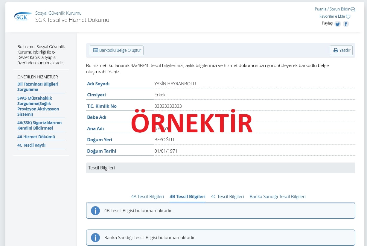 4-B Bağkur Hizmet Dökümü E-Devlet İşlem Ekranı
